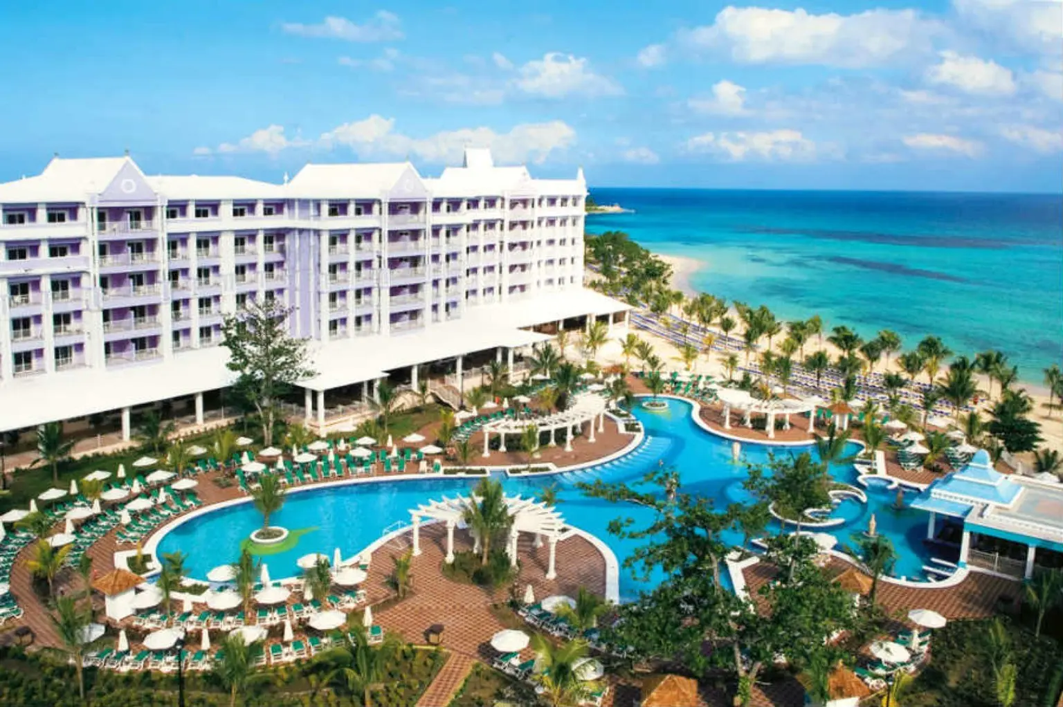 Aerial view of Riu Ocho Rios with its pools, palm trees and beach